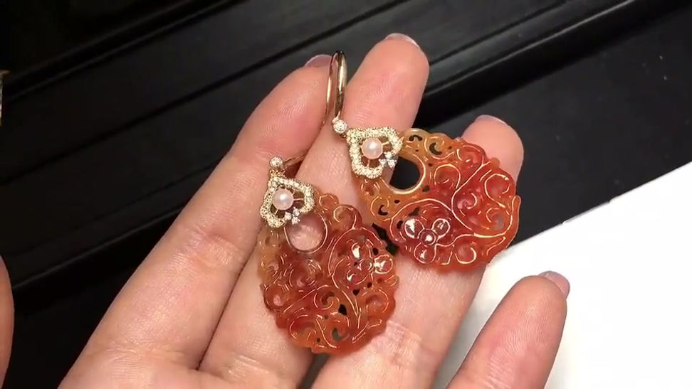 Natural Red Burmese Jadeite, Akoya Pearl Earrings 18k Gold w/ Diamond